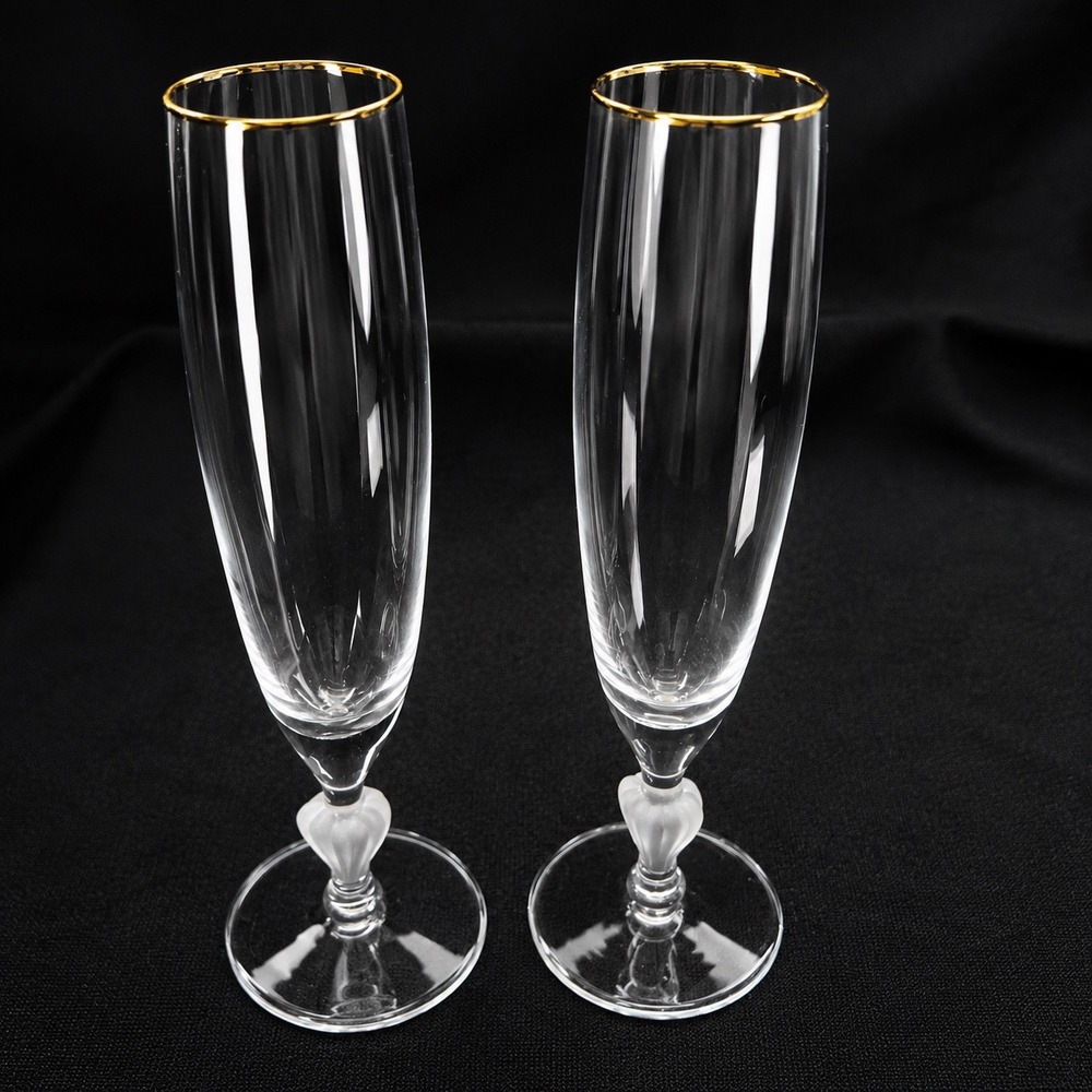 2 Marquis Waterford Sweet Memories Gold Trim Heart Stem Toasting Flutes Set of 2 - Picture 4 of 9